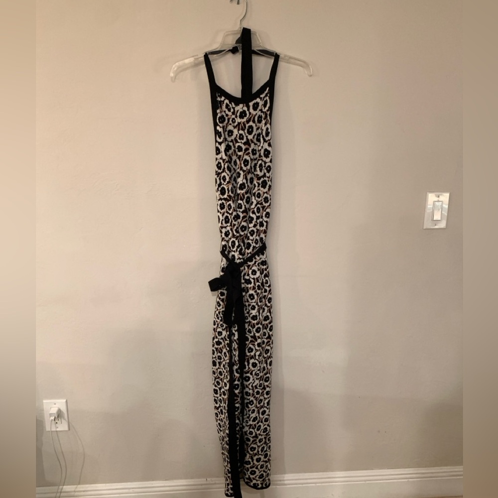 Diane Von Furstenberg XL Black White Flower Geo Print Maxi dress tie belt